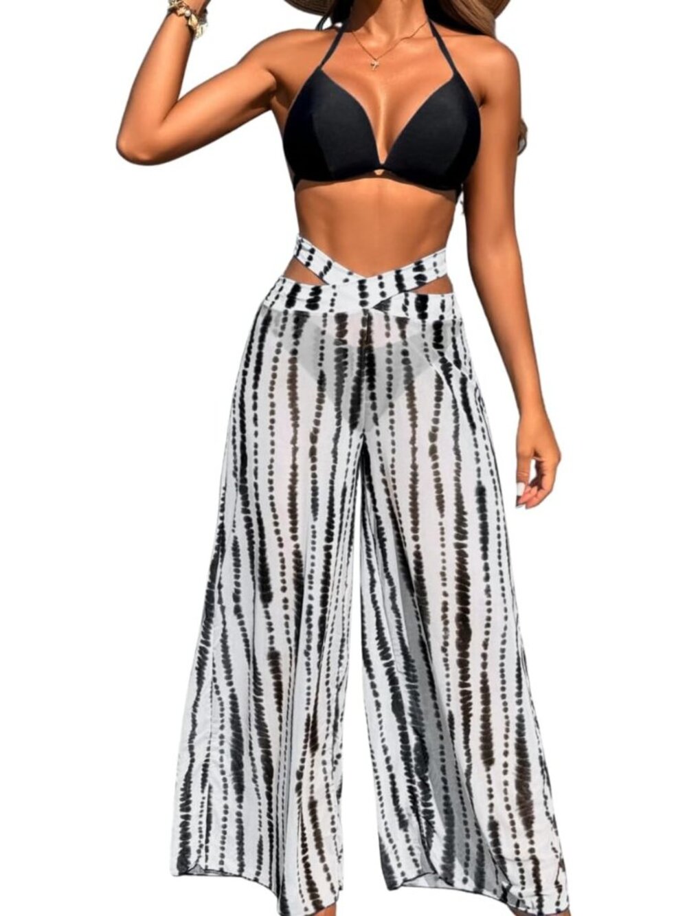 Sexy 3 Piece Swimsuit Set - Halter Thong Bikini with Mesh Cover-Up Pants